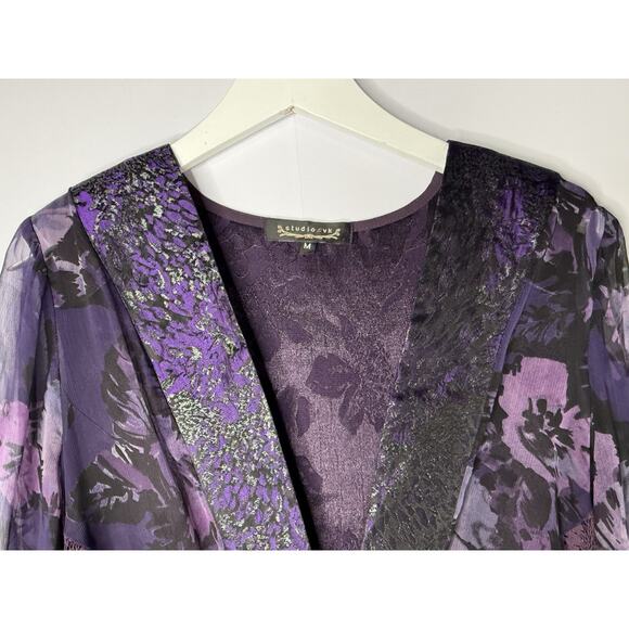 Studio VK Top Sz M Silk Blend Burnout Lace Kimono Whimsigoth Purple Artsy Asian - Picture 2 of 12